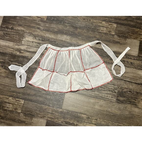 Vintage 1/2 Apron holiday Christmas Pockets Ricrac Handmade semi-sheer - Picture 1 of 5